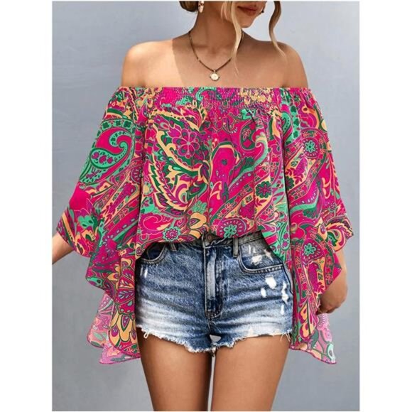 Women's Y2K Floral Off Shoulder Blouse Boho Shirt - Picture 4 of 6